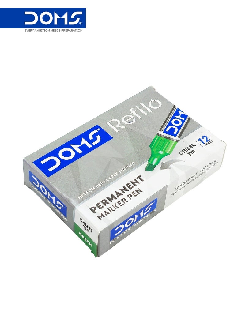 DOMS Permanent Marker Pen, Green Ink, Chisel Tip, Refillable, Pack of 12 - Image 3